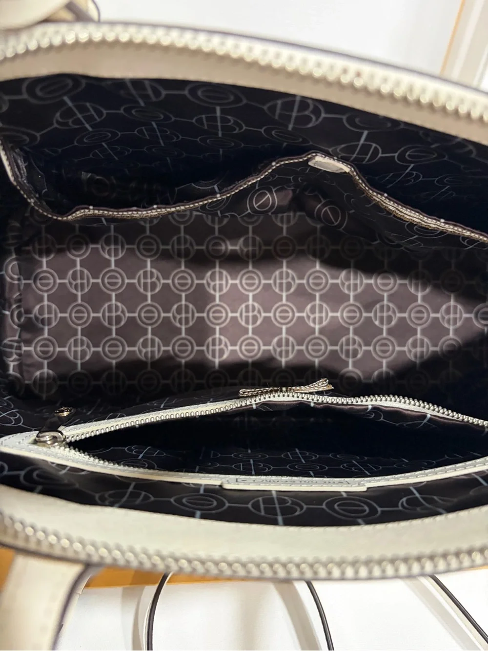 henri bendel Cream Saffiano Leather Satchel with Logo Charm